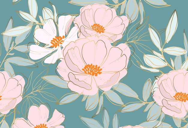 Photo blue and pink drawn flowers background