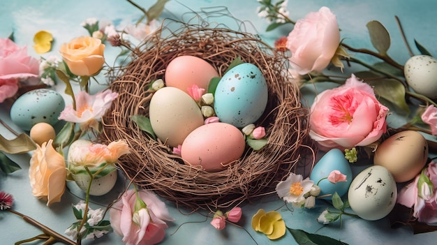 A blue and pink easter egg nest with flowers and a pink flower.