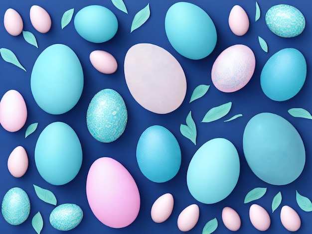 A blue and pink easter egg pattern with leaves on a blue background.