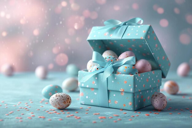 Blue pink Easter eggs in gift box on pastel background