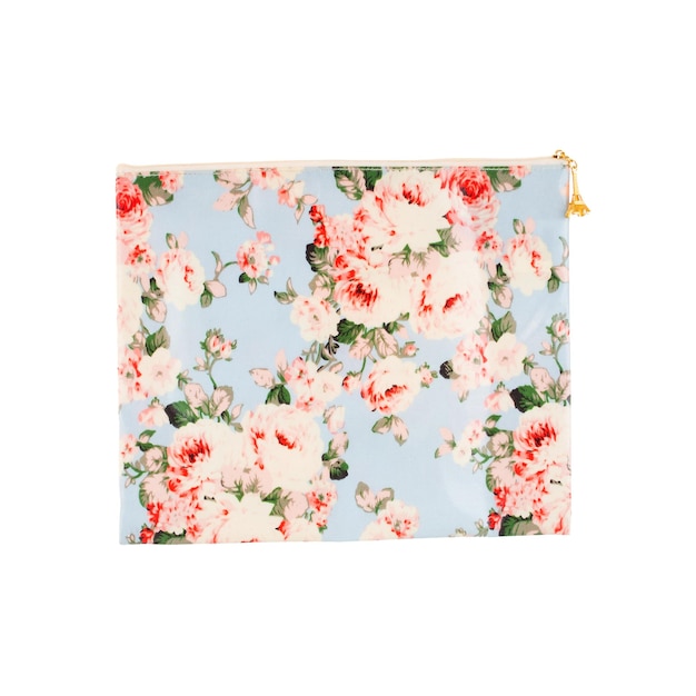 Photo a blue and pink floral cosmetic bag with a gold zipper.