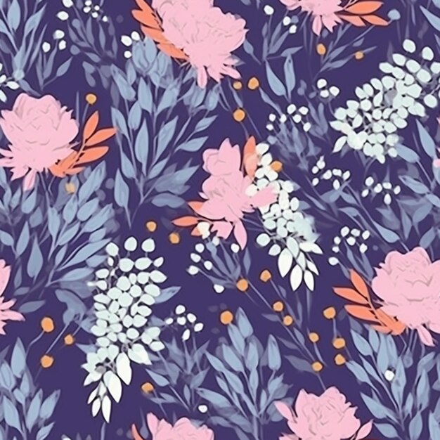 a blue and pink floral pattern with orange and white flowers generative ai