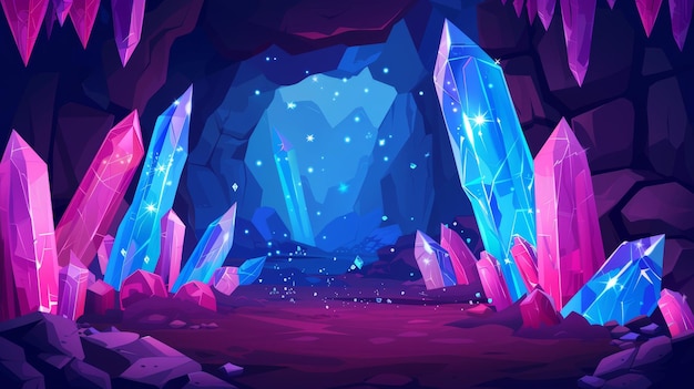 Blue and pink glowing crystal clusters in stone walls of a dark cave in a game path or level Rocky tunnel with glittering treasure mineral resources inside