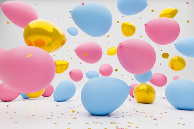 Blue, pink and gold colored balloons falling and bouncing on the ground.