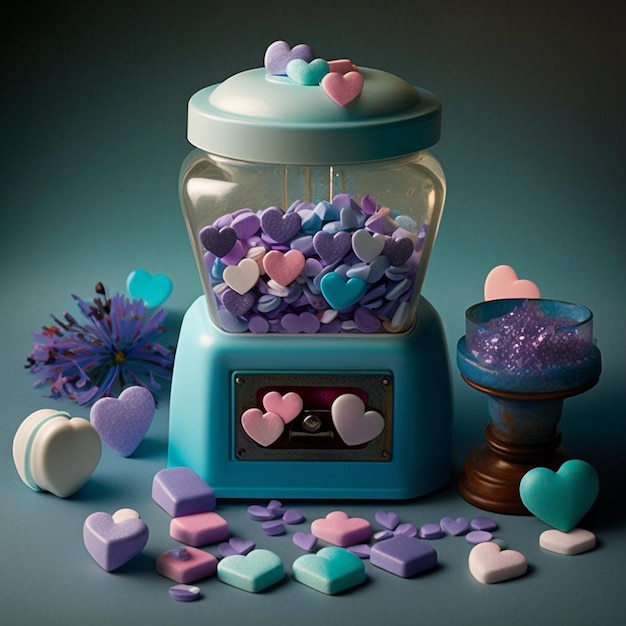 A blue and pink heart machine with a bowl of sugar on it.