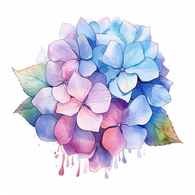 Photo a blue and pink hydrangea with a drop of paint.