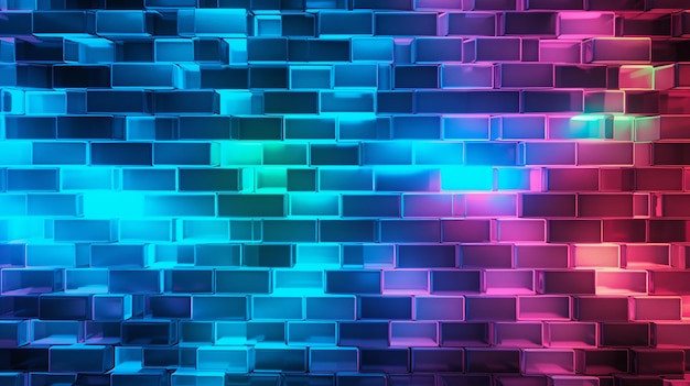 Blue and pink neon brick wall background Ai render illustration