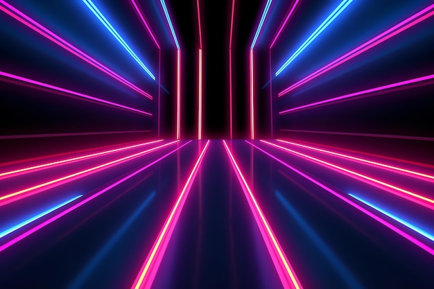 Blue and pink neon lines in an empty room