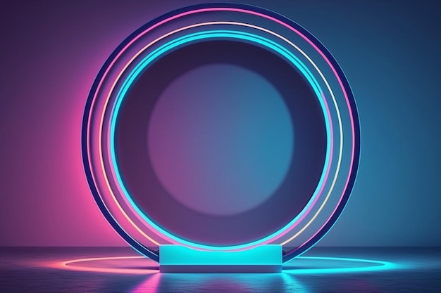 blue pink neon round frame circle ring shape empty space show stage Generative AI