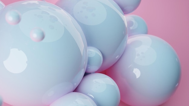 Blue and pink palette abstract 3D render of dynamic abstract glossy spheres background for mockups,flat lay designs and templates with copy space for text.Dynamic wallpaper with balls or particles