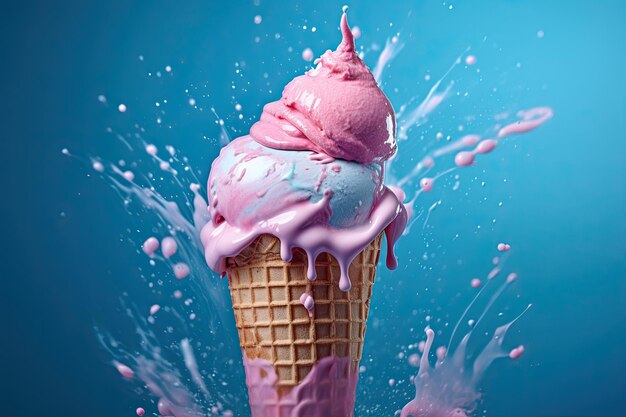 Blue and pink pastel milkshake splashing on an ice cream cone over a blue background Generative AI