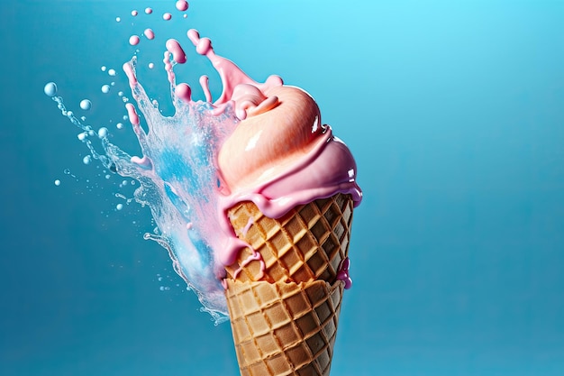 青い背景にアイス クリーム コーンに飛び散る青とピンクのパステル ミルクセーキ 生成 AI