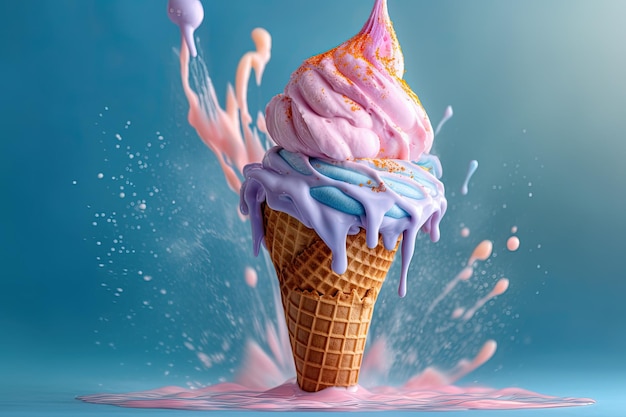 Blue and pink pastel milkshake splashing on an ice cream cone over a blue background Generative AI