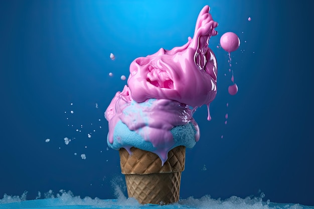 Blue and pink pastel milkshake splashing on an ice cream cone over a blue background Generative AI