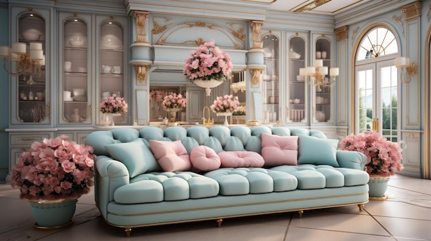 Blue and pink pastel rococo style living room