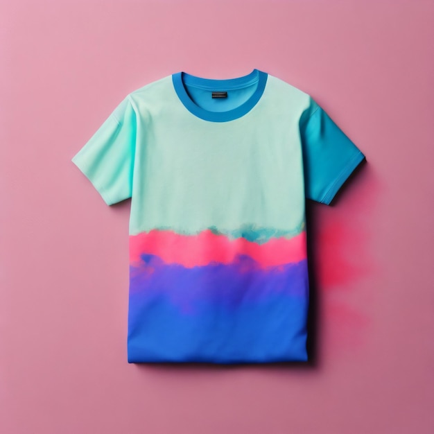 A blue, pink and pink t - shirt is hanging on a pink background.