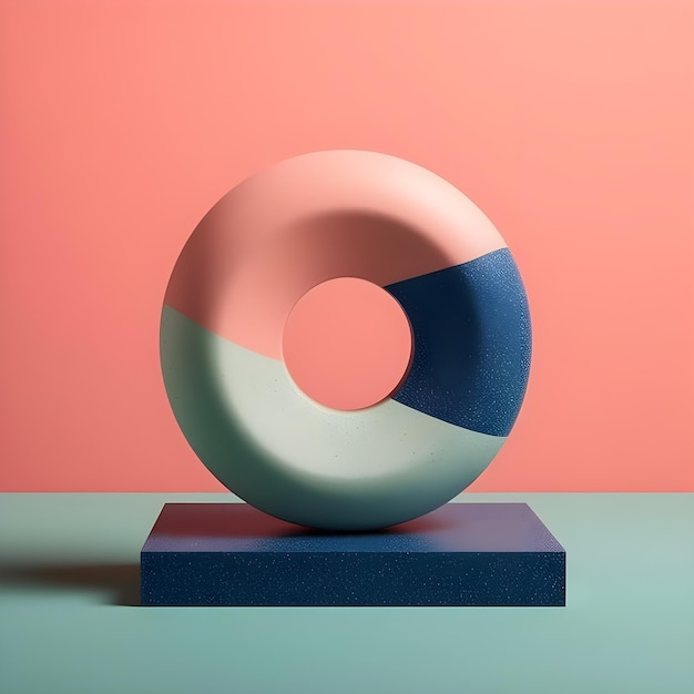 A blue and pink sculpture with a circle on it