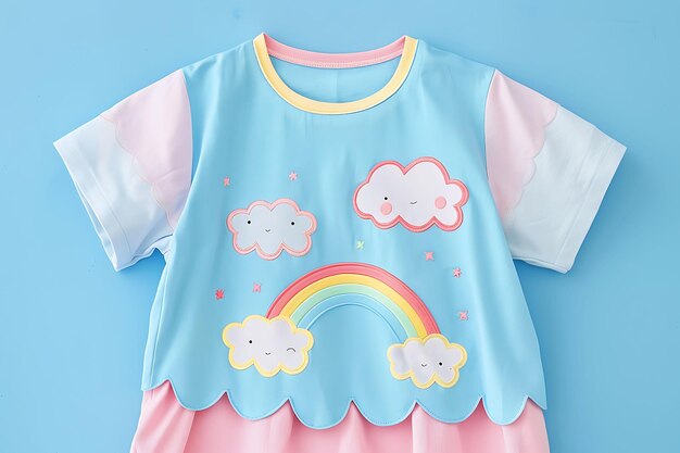 a blue and pink shirt with rainbows on it