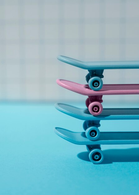 Blue and pink skateboards arrangement