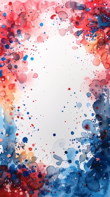 Blue and pink spots and drips of watercolor paint on a white background