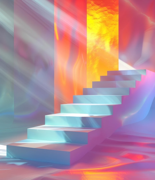 Blue and pink stairs in front of an orange background with rainbow lighting