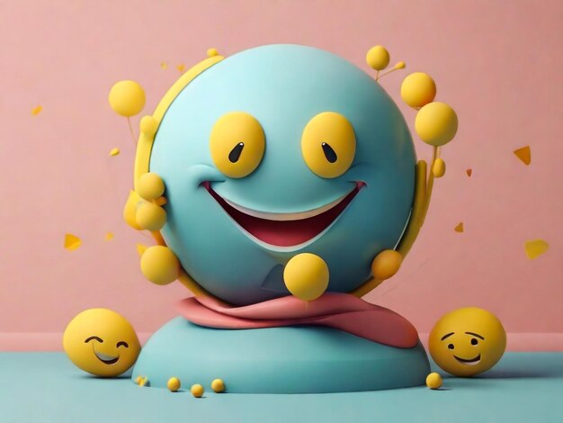 a blue and pink statue of a blue alien with yellow eyes and a smile