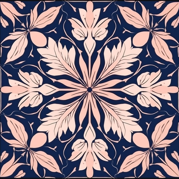 a blue and pink tile with leaves and vines on it generative ai