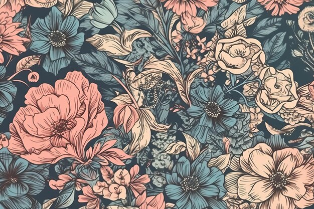 Blue and pink vintage floral pattern with a delicate luxury look generative AI