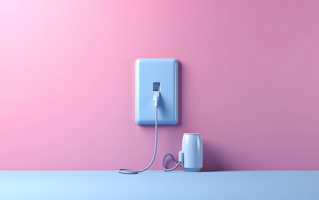 Photo a blue and pink wall with a speaker plugged into it.