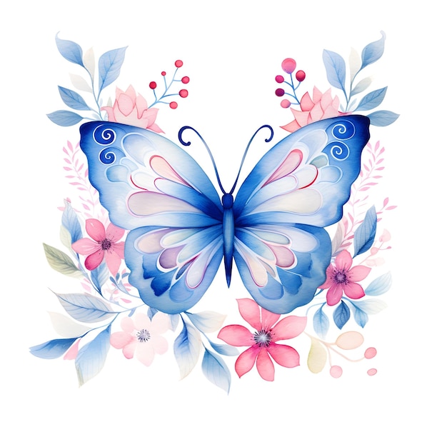 Blue and pink watercolor butterfly on a white background