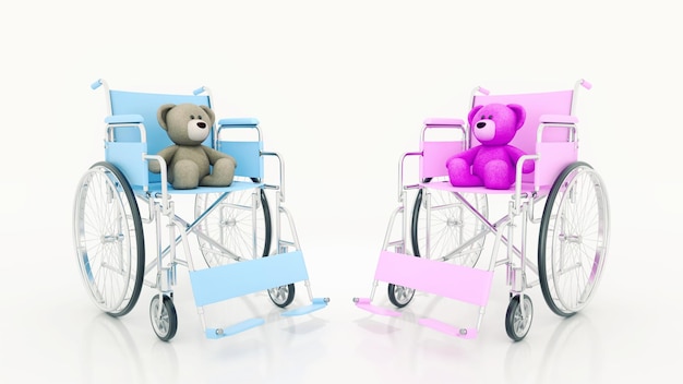 A blue and pink wheelchair with a teddy bear sitting on it.