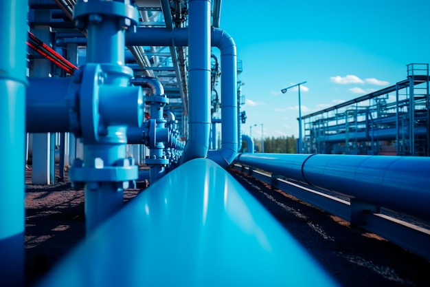 Blue pipelines leading to an oil refinery showcasing the industrial infrastructure with a focus on