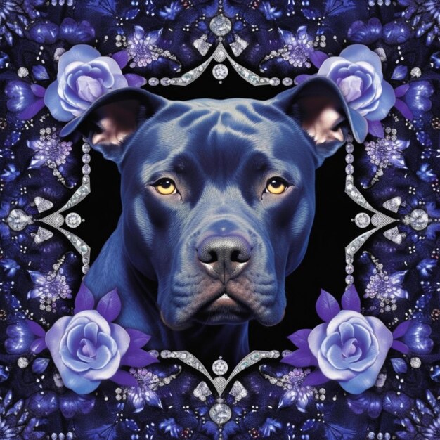 Photo a blue pitbull dog is surrounded by roses