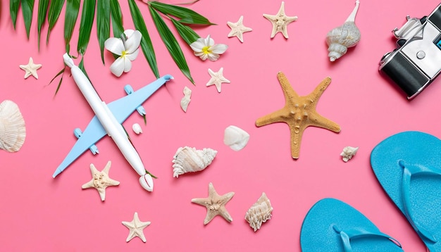 A blue plane is flying over a beach scene with a starfish, a starfish, and a starfish.