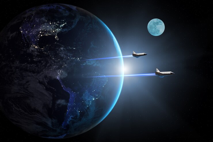 Photo blue planet earth and space shuttles taking off on a mission