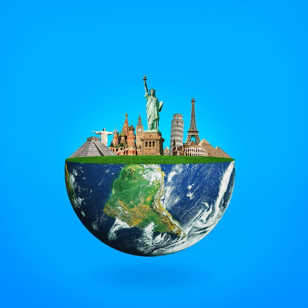 Blue planet Earth with landmarks The concept of travel
