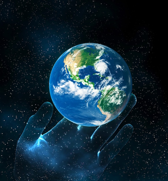 Blue planet and the hand in space