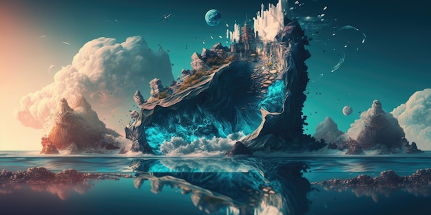 A blue planet with a castle on it