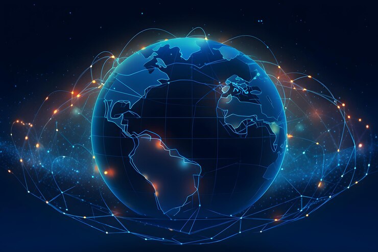 Photo a blue planet with lights around it