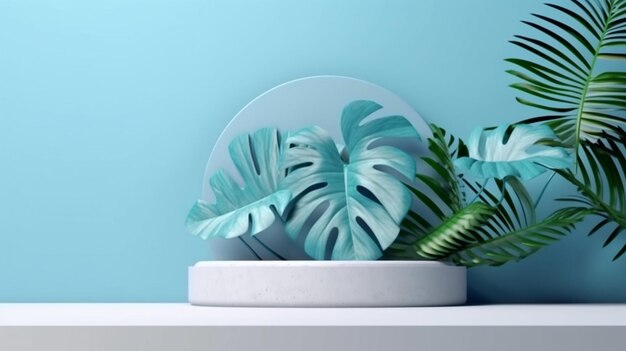 A blue plant stand with a plant in the middle.