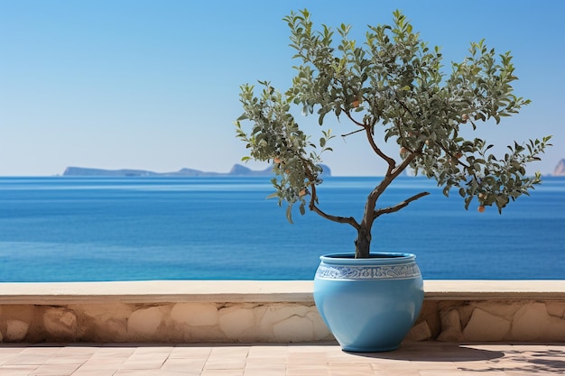 Blue planter near the doorway beside overlooking the sea AI generative