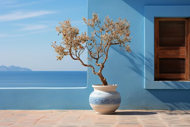 Синий плантатор возле дверного проема рядом с видом на море Генеративный AI