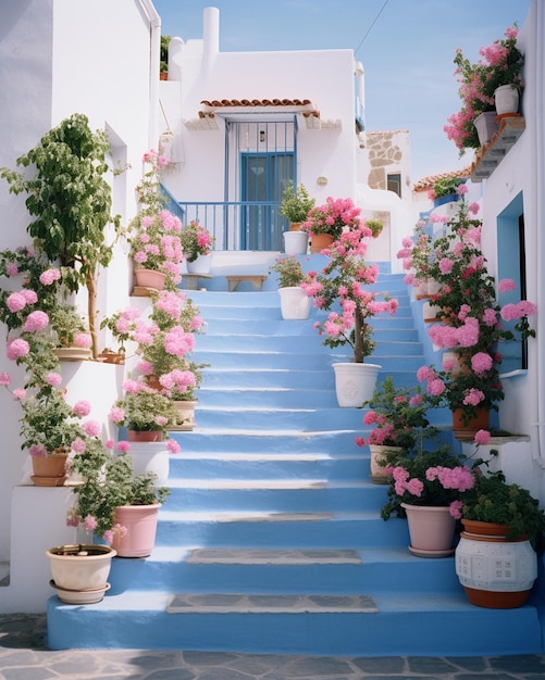 Photo blue plants near houses and stairs