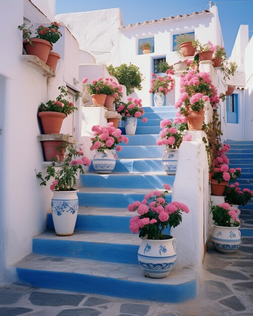 Photo blue plants near houses and stairs