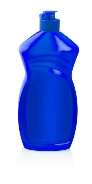 Contenitore in plastica blu isolato su sfondo bianco