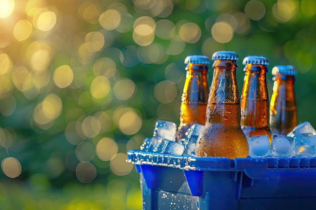 Blue plastic cool box with bottles of beer and ice cubes on blurred green background