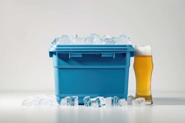 Photo blue plastic cool box with ice cubes and beer on white background