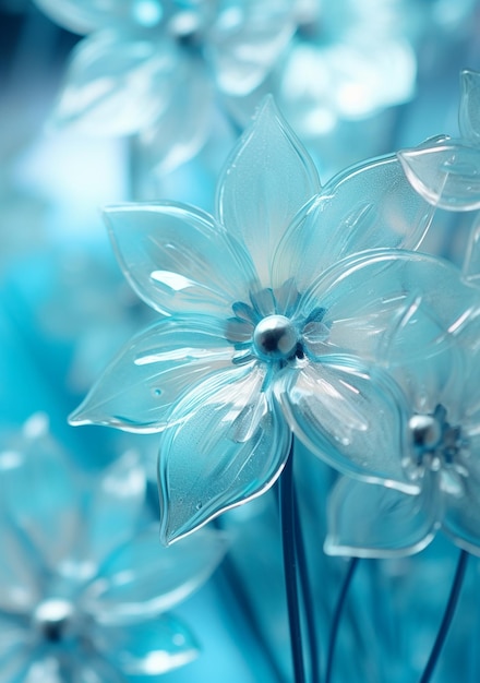 blue plastic flowers in front of a blue background.