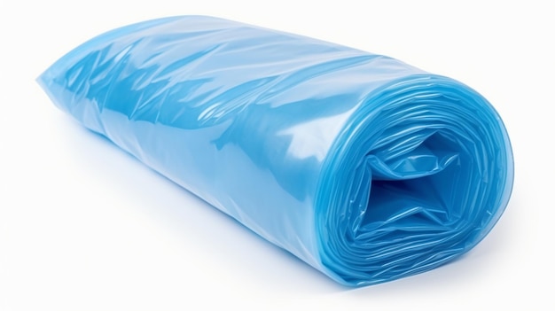 Blue plastic garbage bag roll isolated on white background