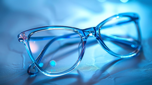 Blue plastic glasses on a blue background The glasses are frameless and have a modern look